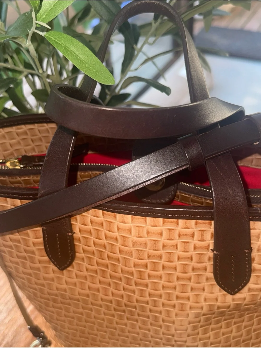 Dooney & Bourke Tan Woven Tote with Dark Brown Trim - Picture 5 of 16